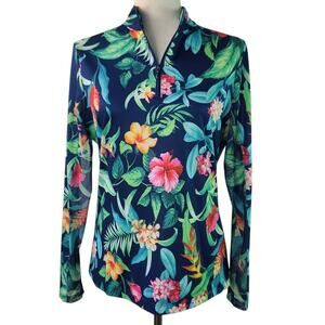 Gottex Blue Green Pink Floral Activewear Sun Shirt Mock Neck 1/2 Zip Shirt Top S